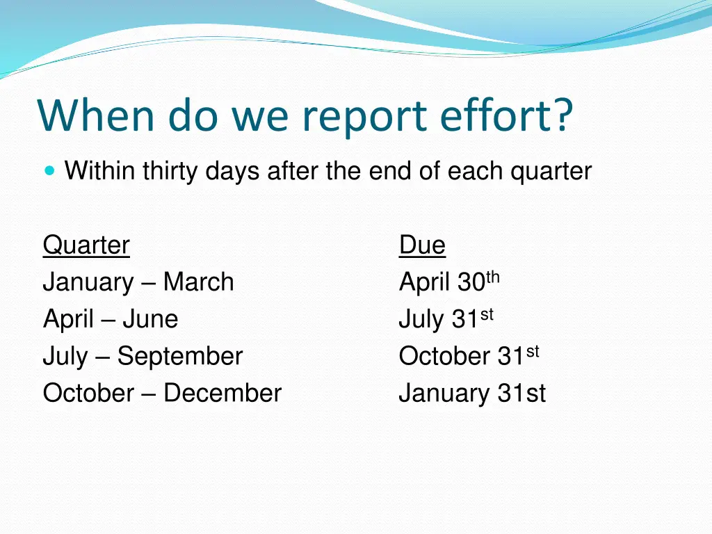 when do we report effort within thirty days after