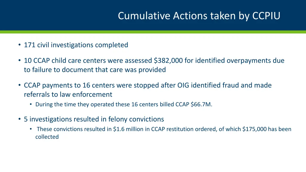 cumulative actions taken by ccpiu