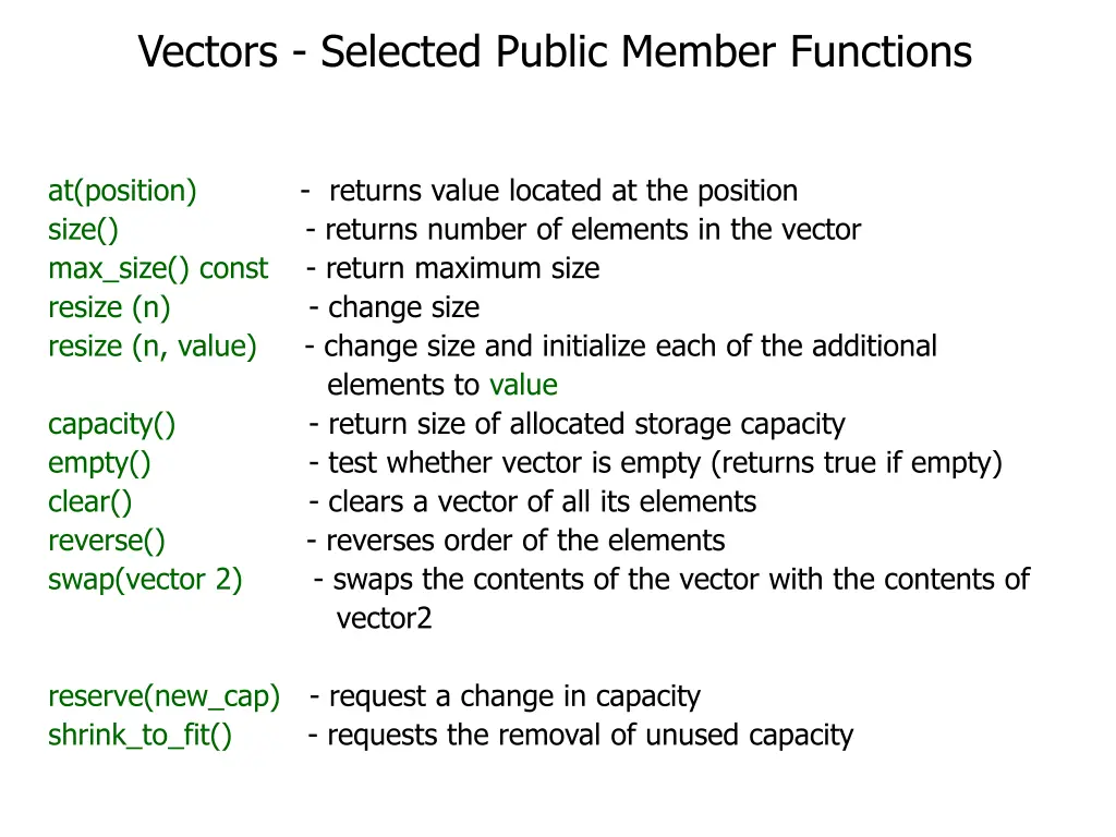 vectors selected public member functions