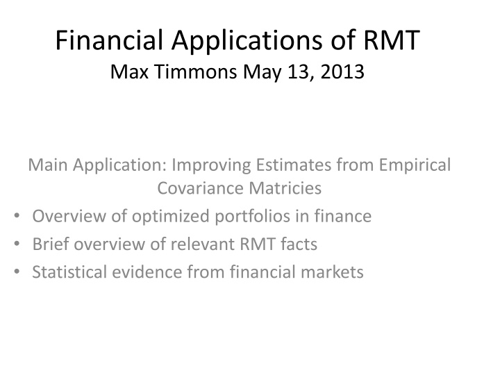 financial applications of rmt max timmons