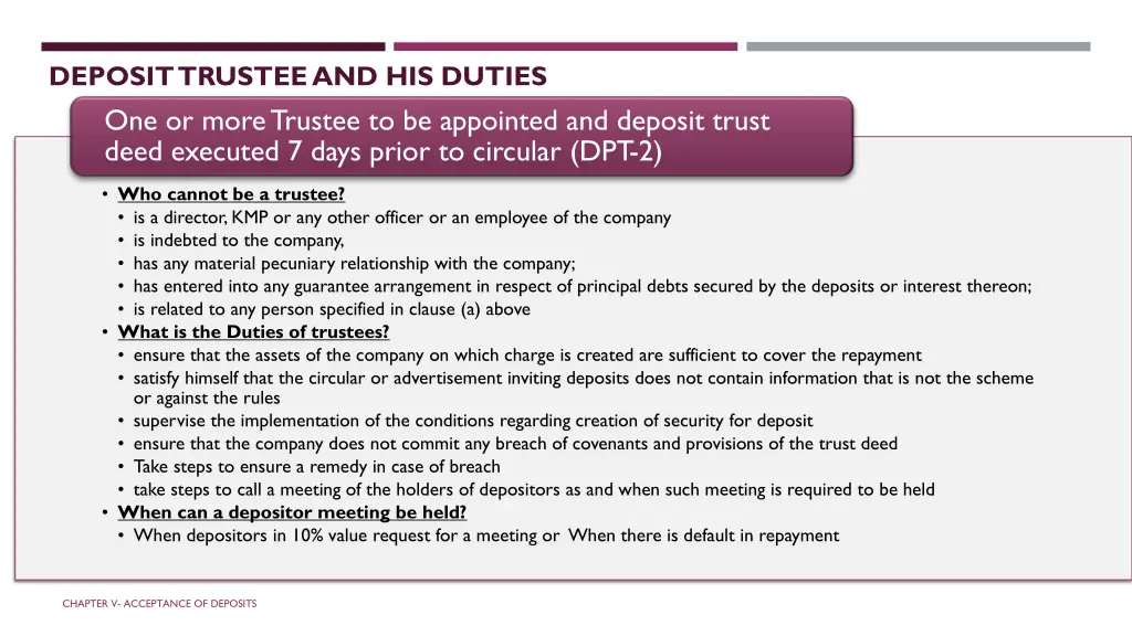 deposit trustee and his duties one or more