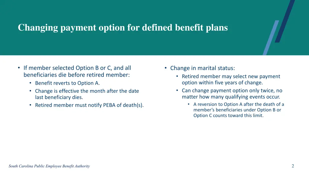 changing payment option for defined benefit plans