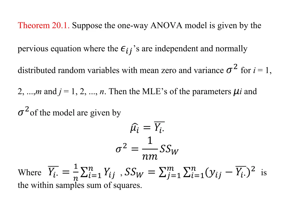 theorem 20 1 suppose the one way anova model