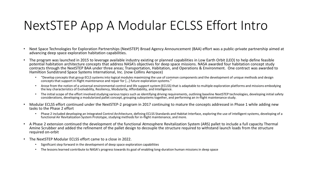 nextstep app a modular eclss effort intro