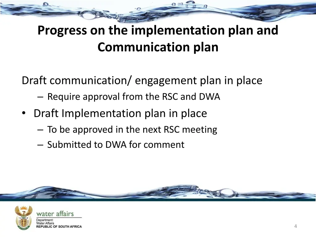 progress on the implementation plan