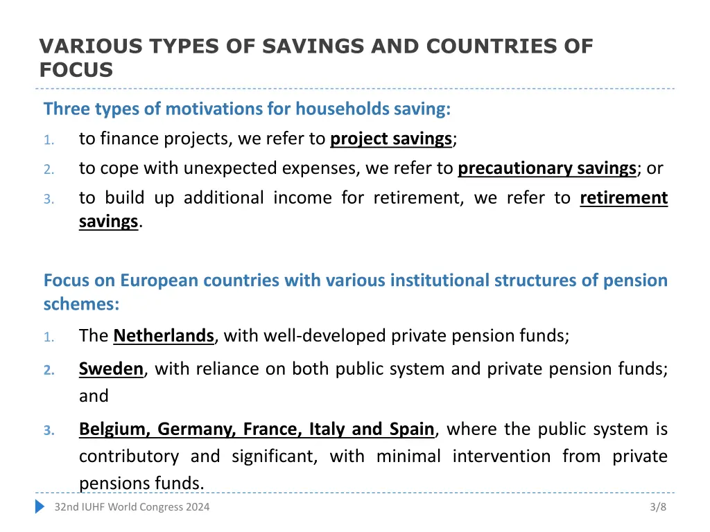 various types of savings and countries of focus