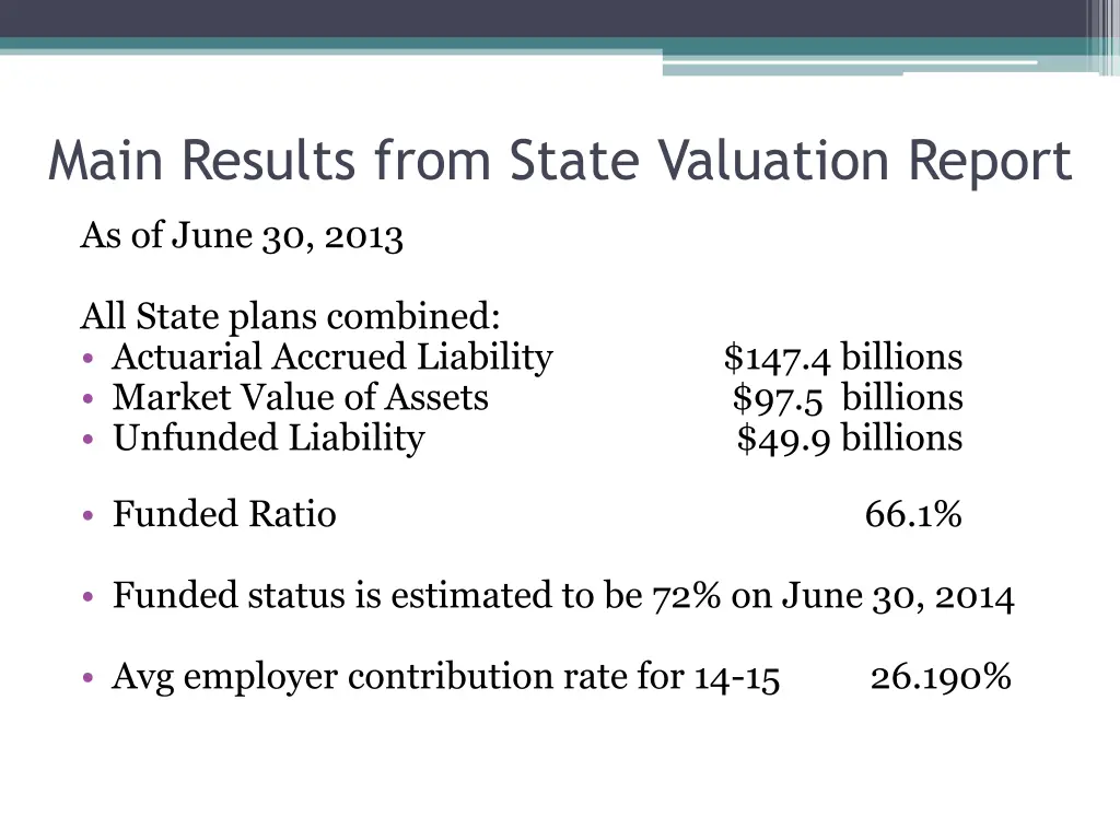 main results from state valuation report 1