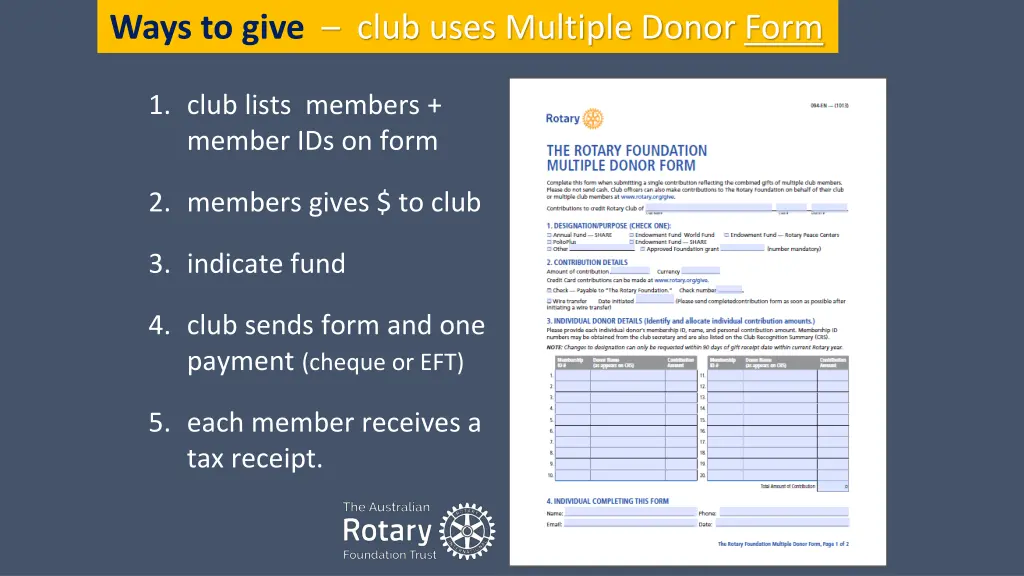 ways to give club uses multiple donor form