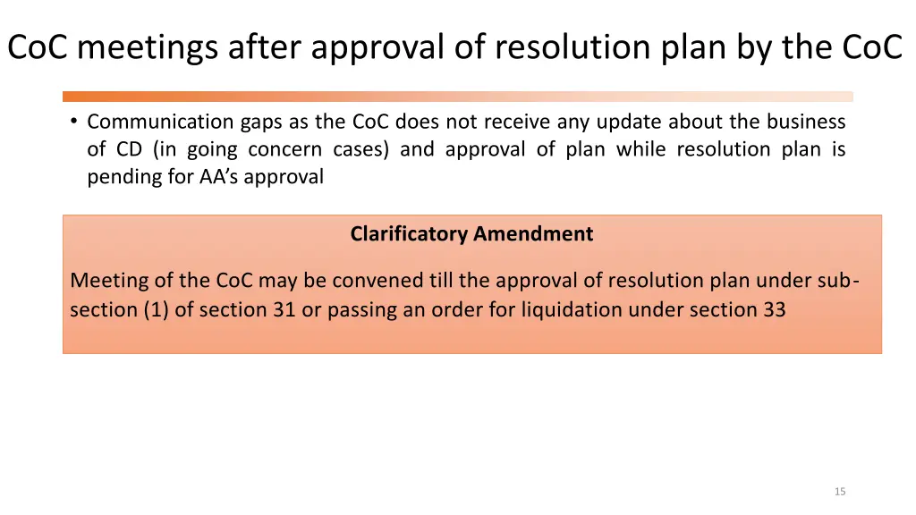 coc meetings after approval of resolution plan