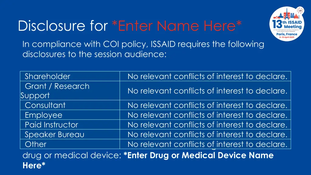conflict disclosure for enter name here