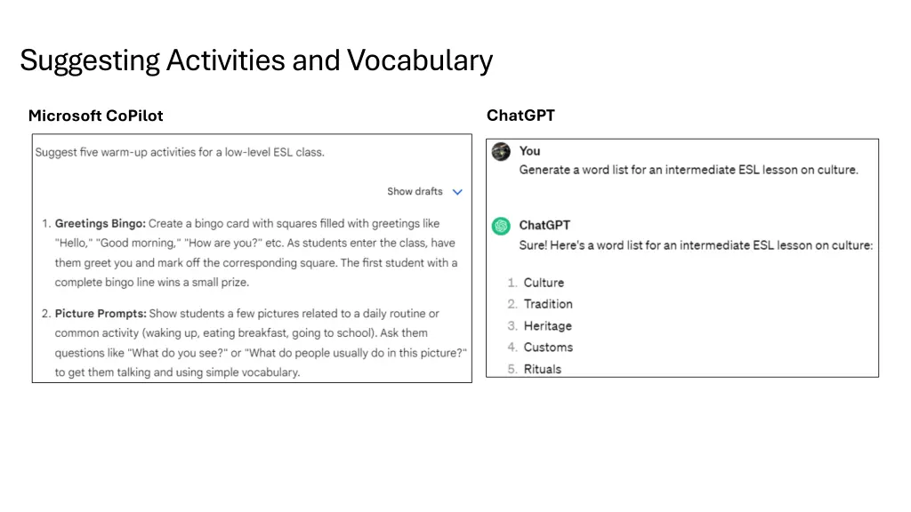 suggesting activities and vocabulary