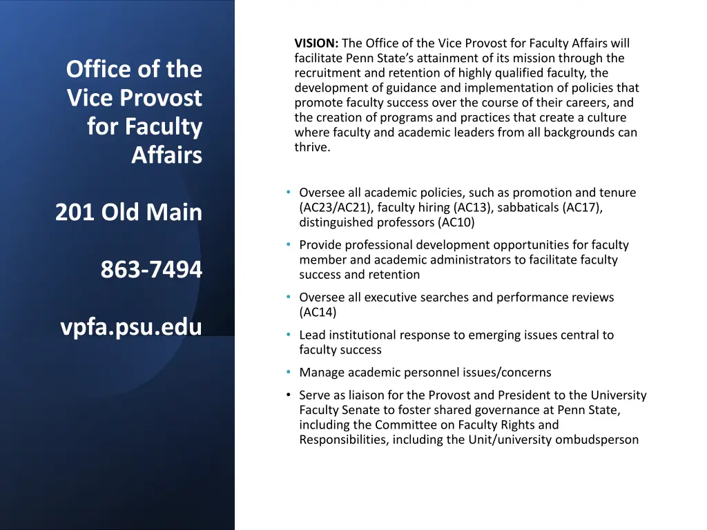 vision the office of the vice provost for faculty