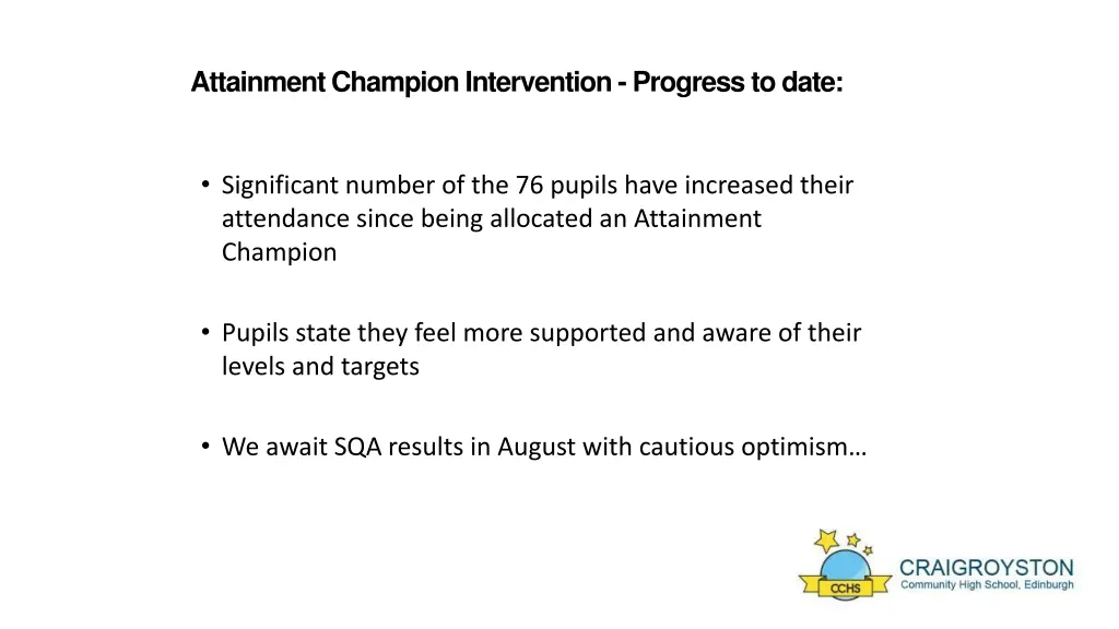 attainment champion intervention progress to date
