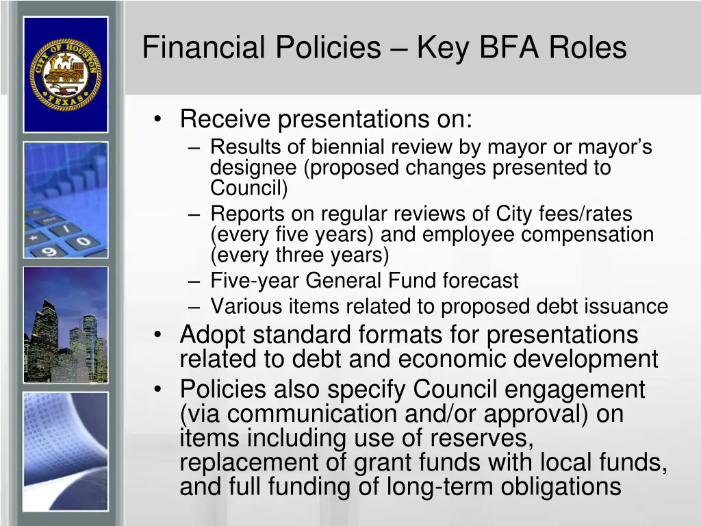 financial policies key bfa roles