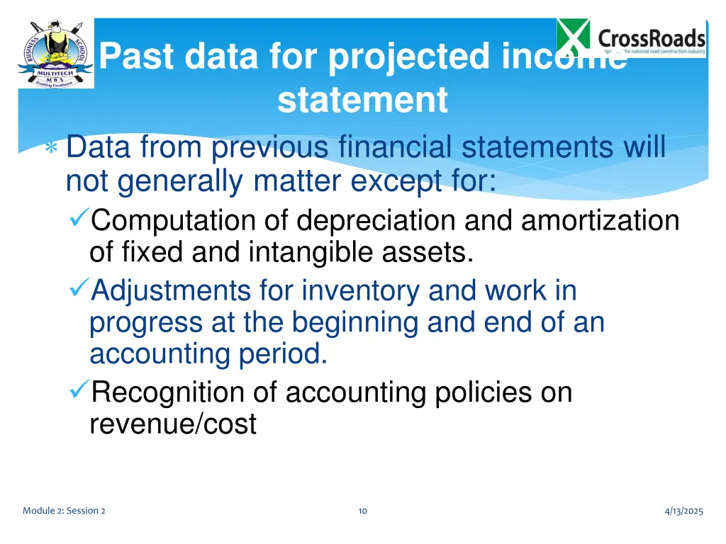 past data for projected income statement