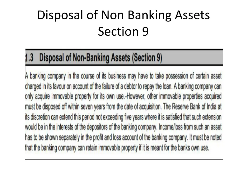 disposal of non banking assets section 9