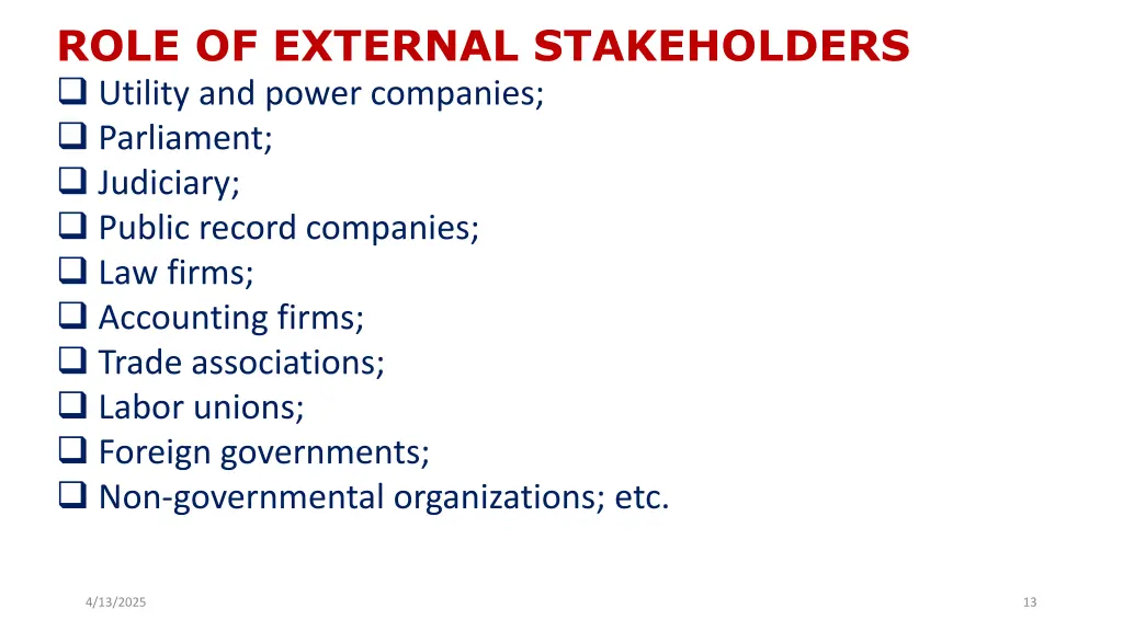 role of external stakeholders utility and power