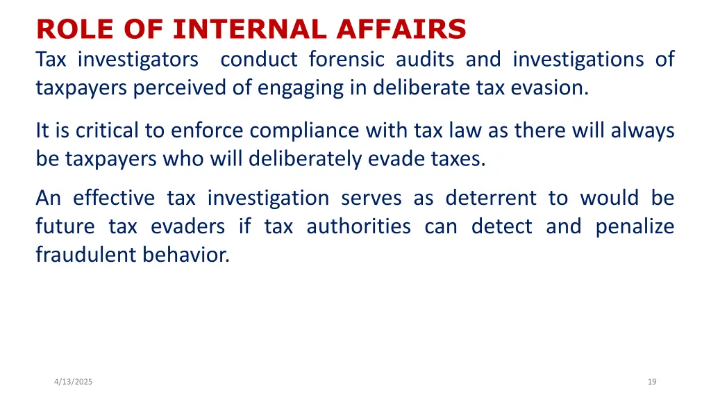 role of internal affairs tax investigators