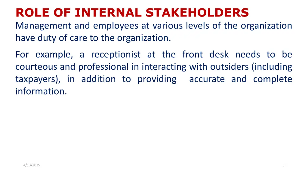 role of internal stakeholders management