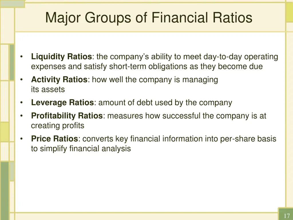 major groups of financial ratios