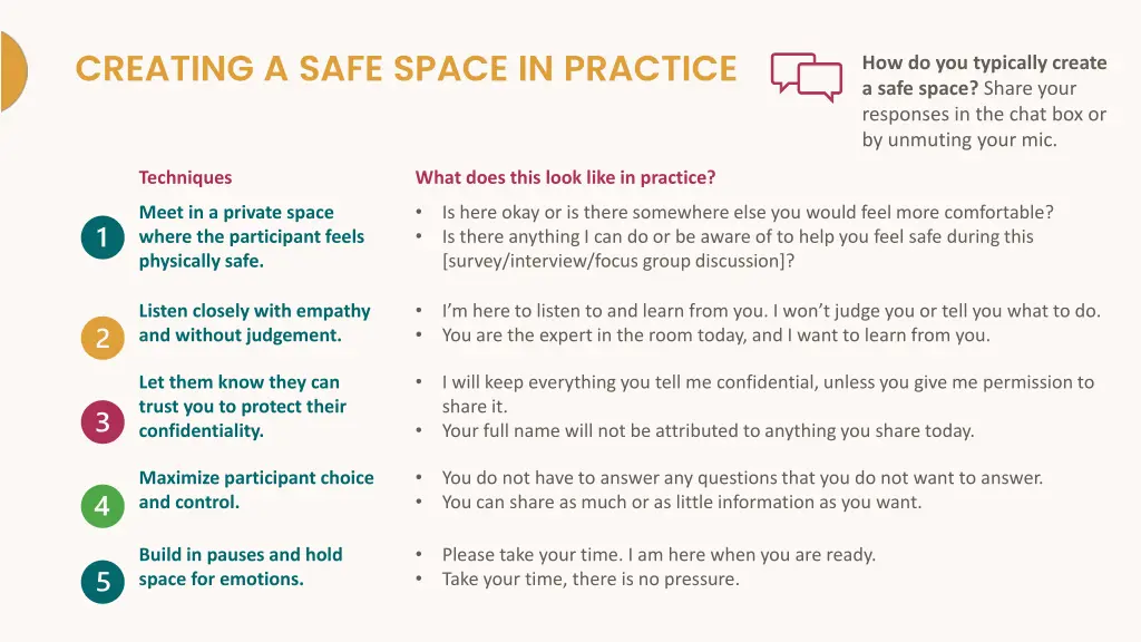 creating a safe space in practice