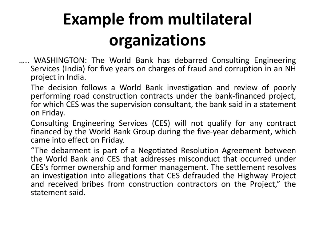 example from multilateral organizations