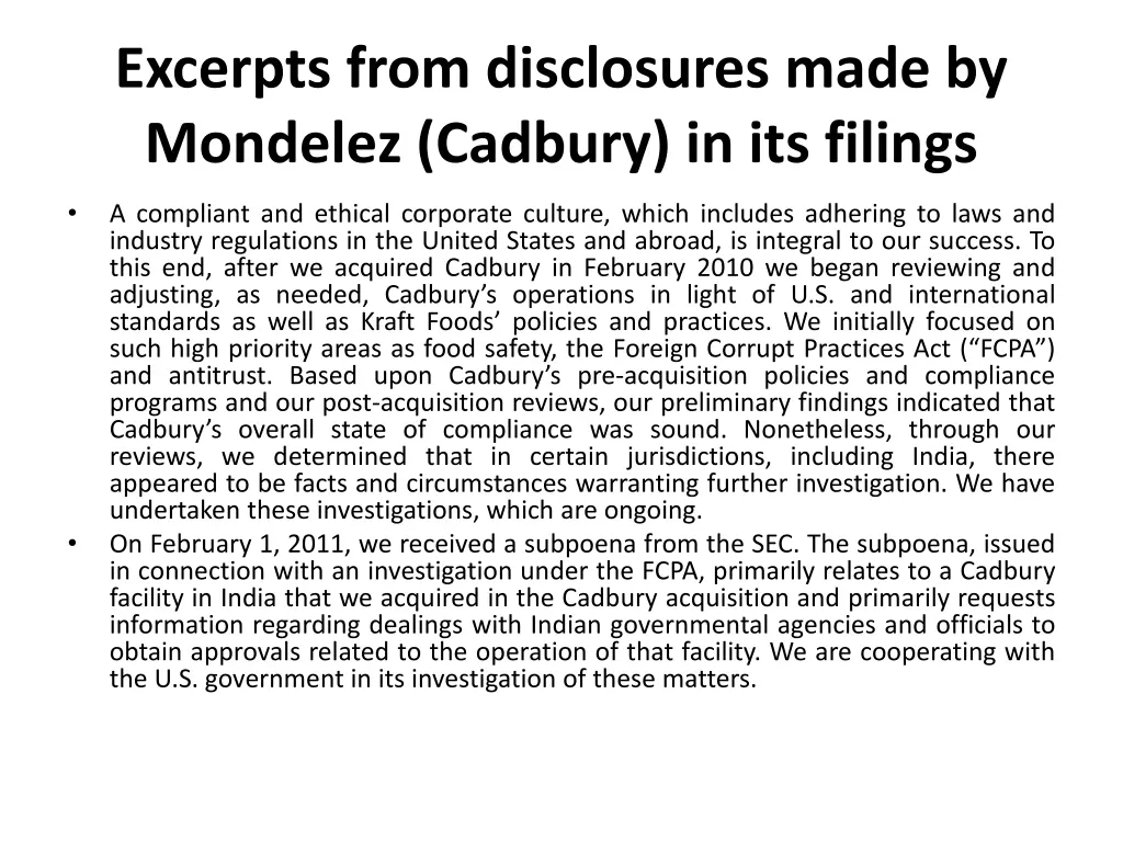 excerpts from disclosures made by mondelez