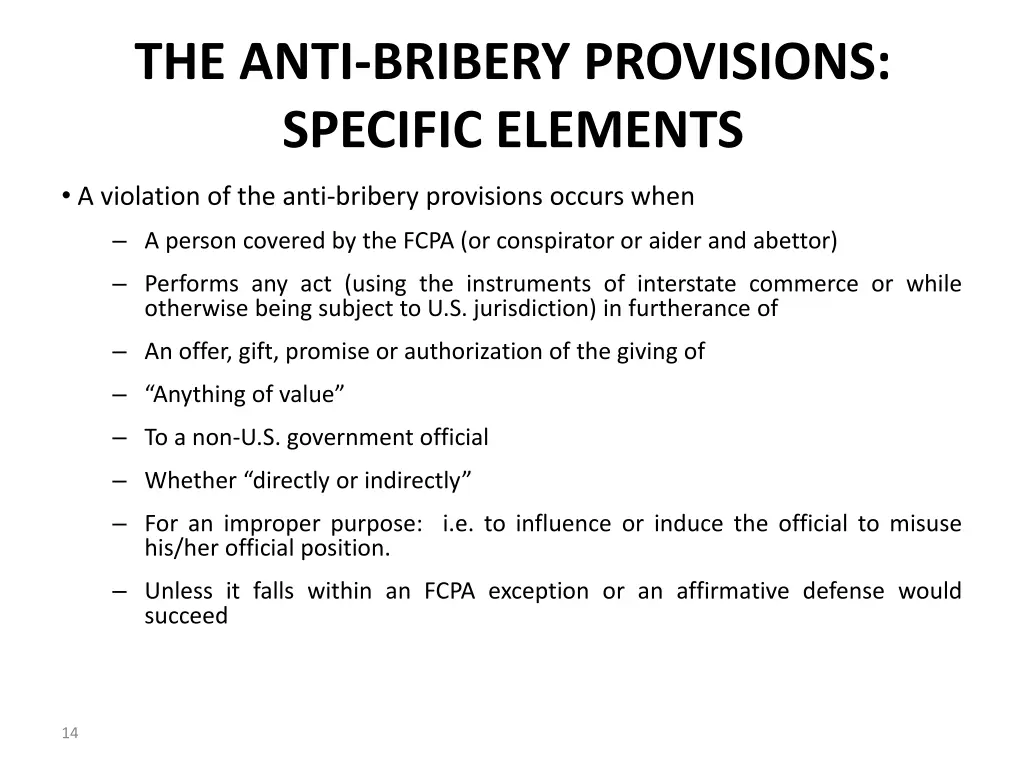 the anti bribery provisions specific elements