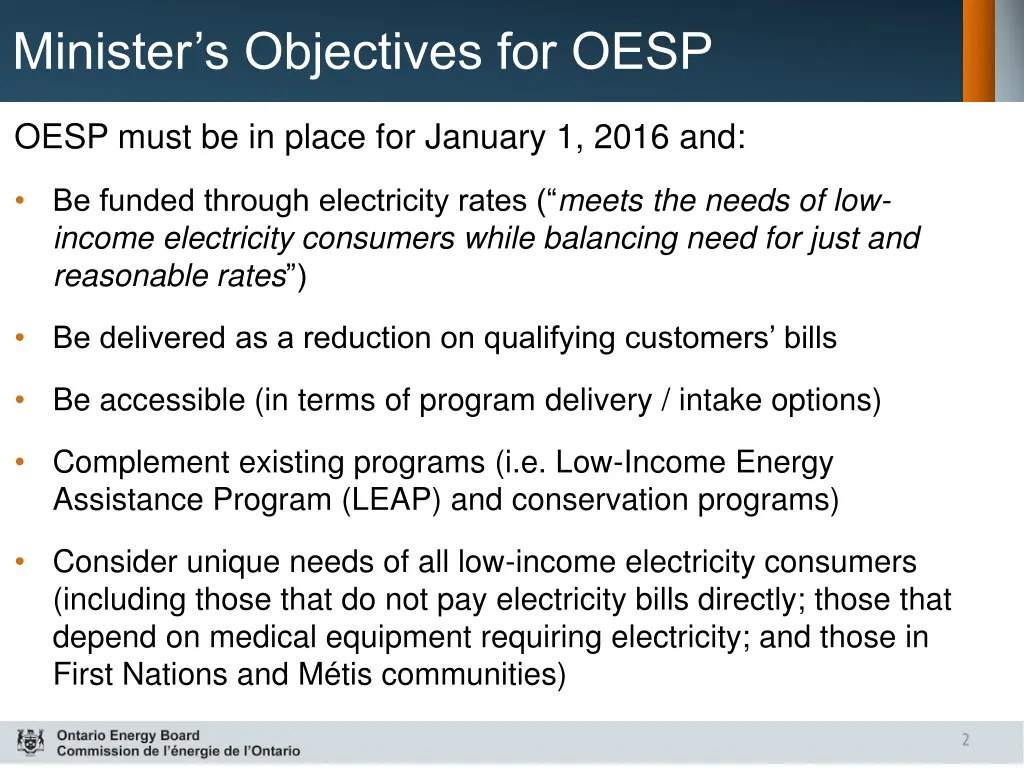 minister s objectives for oesp