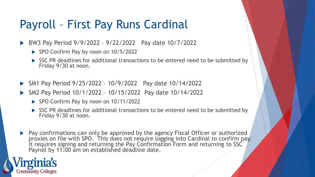 payroll first pay runs cardinal