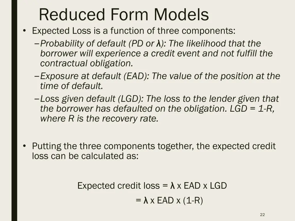 reduced form models expected loss is a function