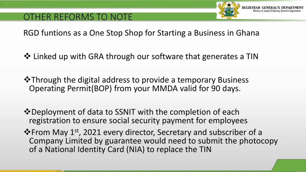 other reforms to note