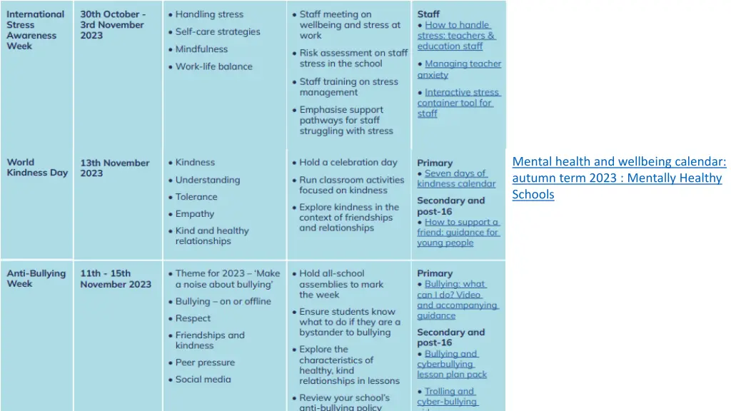 mental health and wellbeing calendar autumn term