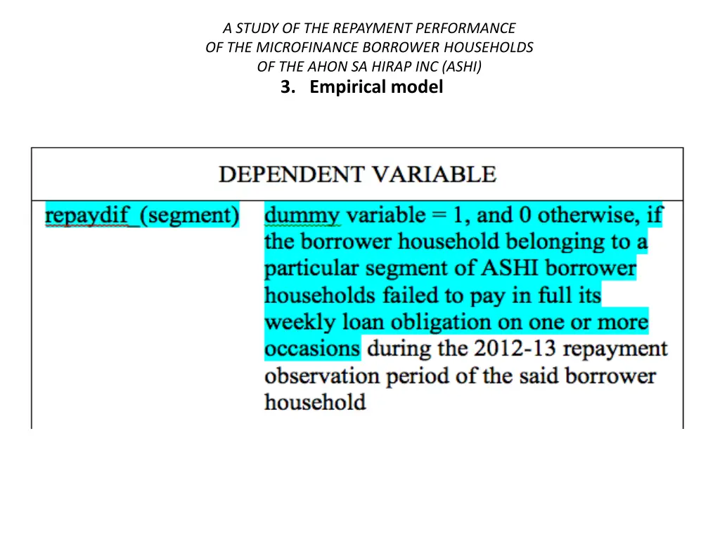 a study of the repayment performance 21