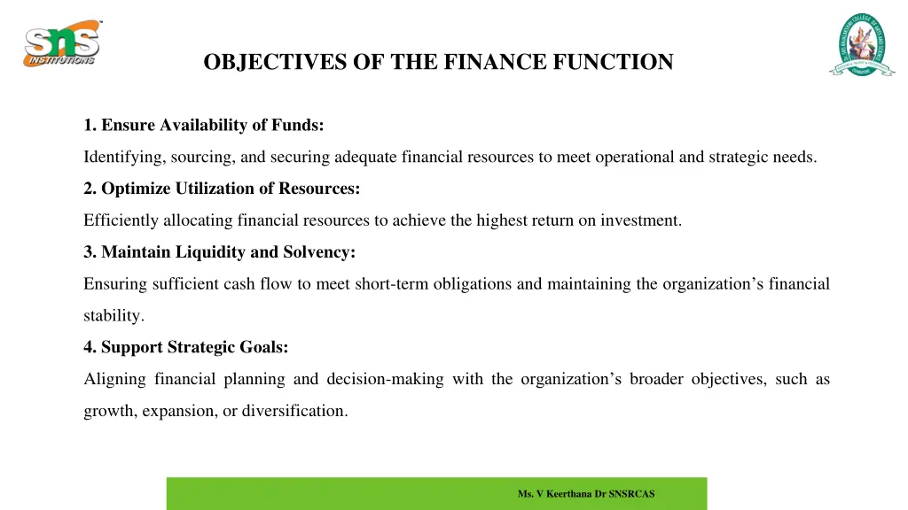 objectives of the finance function