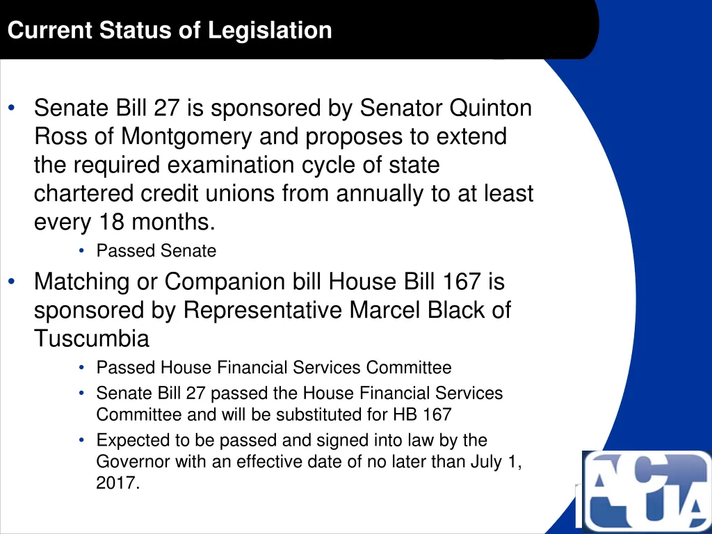 current status of legislation
