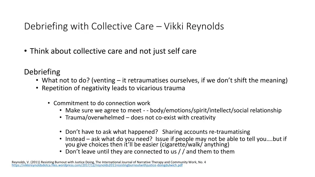 debriefing with collective care vikki reynolds