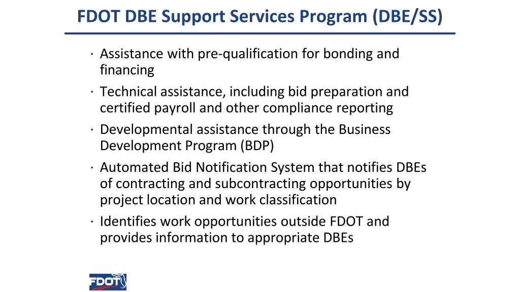 fdot dbe support services program dbe ss