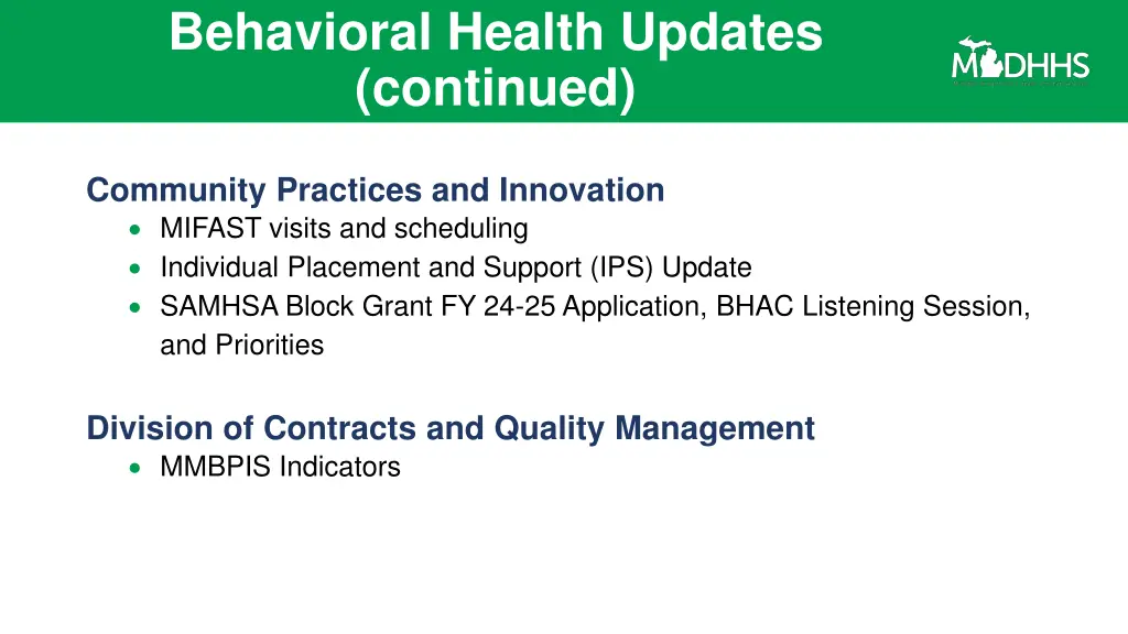 behavioral health updates continued