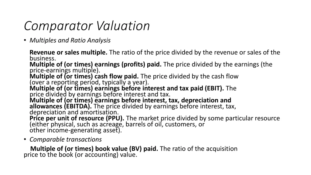 comparator valuation multiples and ratio analysis