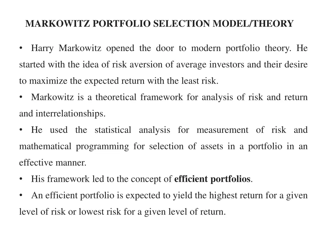 markowitz portfolio selection model theory