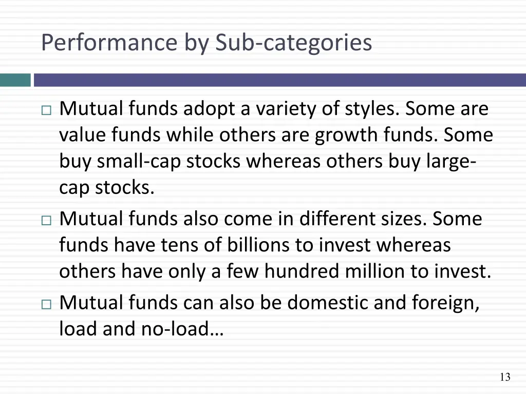 performance by sub categories