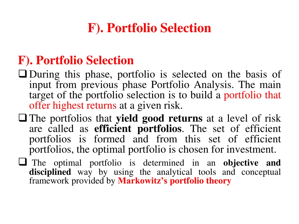 f portfolio selection