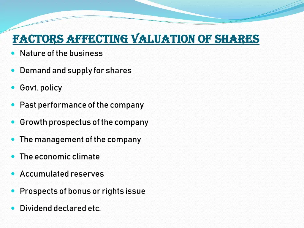 factors affecting valuation of shares factors