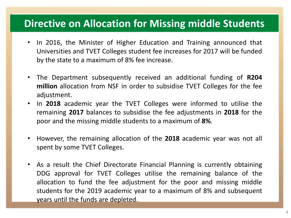 directive on allocation for missing middle