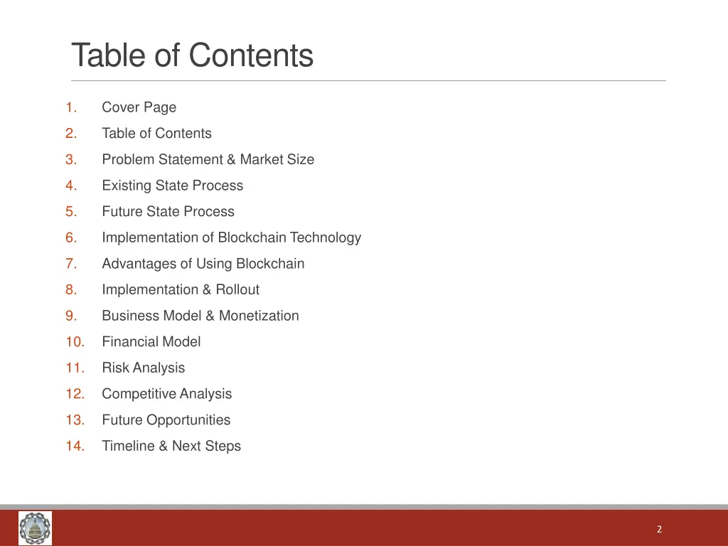 table of contents