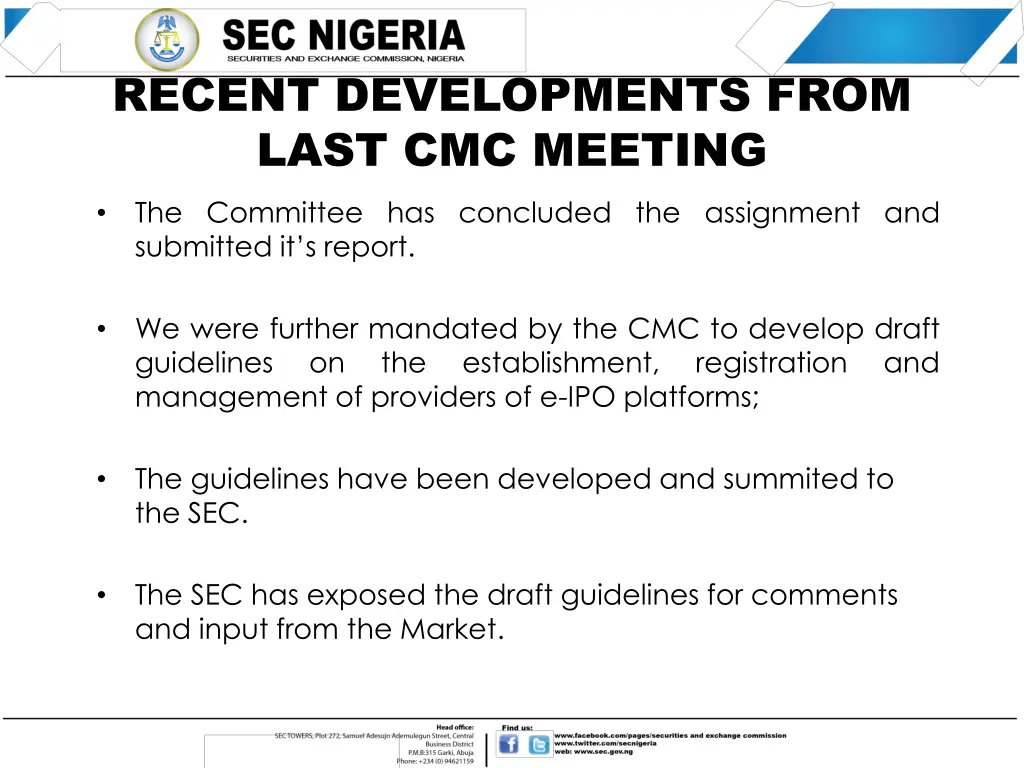 recent developments from last cmc meeting