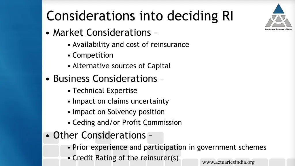 considerations into deciding ri market