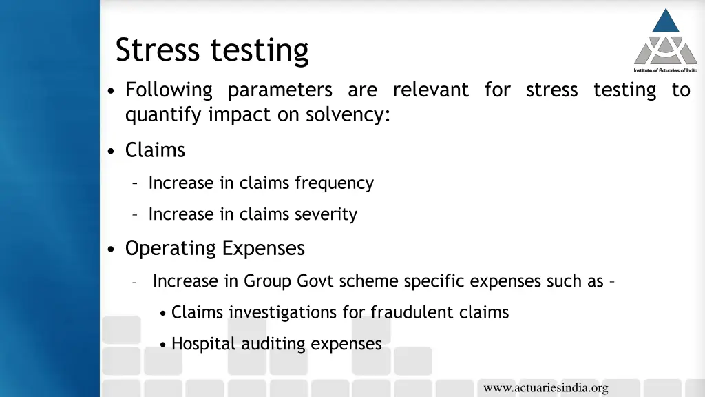 stress testing following parameters are relevant