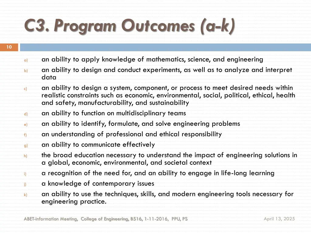 c3 program outcomes a k
